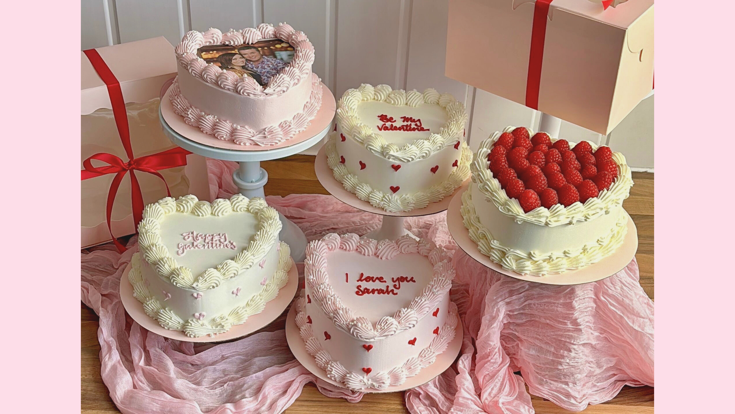 Selection of heart shaped cakes in various colours